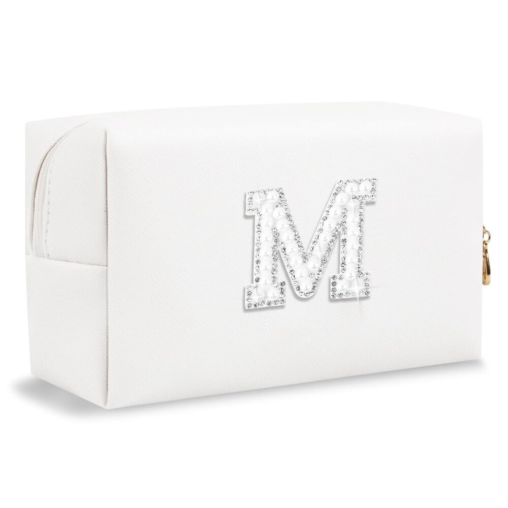 Bride Gifts – Personalized Initial Makeup Bag with Pearl Rhinestone Patch, Prepp - Picture 1 of 7